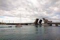 Sailboat cruising into a bascule bridge on Lake Macquarie