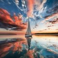 a sailboat cruising through calm waters with sunset colors reflecting off the surface, taken during evening with dramatic clouds Royalty Free Stock Photo