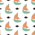 Sailboat and fish seamless child vector funny pattern.