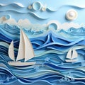 Sailboat floating on choppy waves in the vast ocean. Abstract Paper Art with 3d Papercut Shapes Waves and Layers Texture. Royalty Free Stock Photo