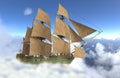 Sailboat flying above the clouds 3d illustration