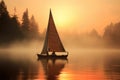 Sailboat foggy lake. Generate Ai