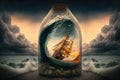 A sailboat in a glass bottle with a picture of a sailboat in the ocean Royalty Free Stock Photo
