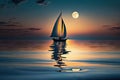 a sailboat gliding across a calm blue sea, the sun setting behind it