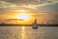 Sailboat gliding past the sun in San Diego, California, USA