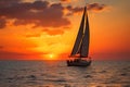Sailboat gracefully sails on calm waters under the golden evening sky