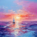 Vibrant Sunrise Sailing Boat Painting In Fuchsia Impressionism Style