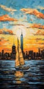 Sailboat Sailing Over New York City Vibrant Expressionist Painting