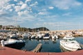 Sailboat harbor, many beautiful moored sail yachts in the sea port, summertime vacation
