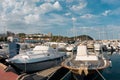 Sailboat harbor, many beautiful moored sail yachts in the sea port, summertime vacation