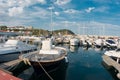 Sailboat harbor, many beautiful moored sail yachts in the sea port, summertime vacation