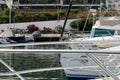 Sailboat harbor, many beautiful moored sail yachts in the sea port, summertime vacation. Detail