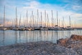 Sailboat harbor in the port evening photo. Beautiful moored sail yachts in the sea, modern water transport Barcelona Royalty Free Stock Photo