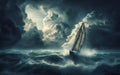 Sailboat on high waves In the scary sea Sea waves in a violent storm Ship in the ocean Royalty Free Stock Photo