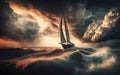 Sailboat on high waves In the scary sea Sea waves in a violent storm Ship in the ocean Royalty Free Stock Photo