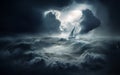 Sailboat on high waves In the scary sea Sea waves in a violent storm Ship in the ocean Royalty Free Stock Photo