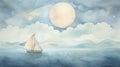 Sailboat On A Lake: Dreamy Watercolor Illustration With Serene Moon Landscape