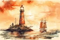 Sailboat with a lighthouse, Watercolor, Majestic and dramatic