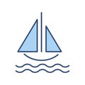 Sailboat line art thin icon. Color blue