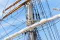 Sailboat masts, rigging and rolled up sails Royalty Free Stock Photo