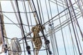 Sailboat masts, rigging and rolled up sails Royalty Free Stock Photo