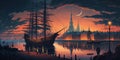 sailboat in medieval city port harbor at night big ship sailboat panorama evening big moon