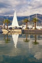 Sailboat in Mediterranean port. Montenegro, Bay of Kotor, Tivat city. View of yacht marina of Porto Montenegro Royalty Free Stock Photo