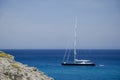 Sailboat moored in the calm and crystal clear waters. Majorca, Balearic Islands, Spain. Europe
