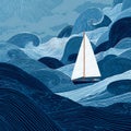 Sailboat navigating intensely stylized, dark blue ocean waves, depicting challenge and resilience. Royalty Free Stock Photo