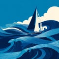 Sailboat navigating large, dark blue ocean waves with a figure, symbolizing adventure and resilience. Royalty Free Stock Photo