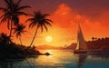 Sailboat near the palm island at sunset, multicolor painting.