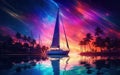 Sailboat near the palm island at sunset, multicolor painting.