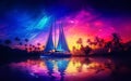 Sailboat near the palm island at sunset, multicolor painting.
