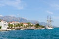 Sailboat near seafront of popular resort town of Tivat, Montenegro