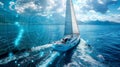 Sailboat on the ocean with futuristic navigation graphics superimposed in a collage image Royalty Free Stock Photo