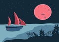 Sailboat in the ocean at night under the moon. Abstract landscape, minimal nature background at sunset, starry sky, moon, sea. Royalty Free Stock Photo