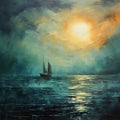 Teal Pre-raphaelite Seascape Abstract Oil Painting