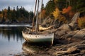 A Sailboat Peacefully Rests In Calm Waters, Its Sails Tattered And Hull Weathered By The Passage Of Time