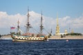 Sailboat Poltava in front of the Peter and Paul Fortress in St. Petersburg Royalty Free Stock Photo