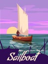 Sailboat poster retro, sailing ship on the ocean, sea, severe captain. Rock mountain seascape, sunset, north travel