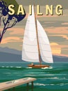 Sailboat poster retro, sailing yacht on the ocean, sea, coast, palms. Tropical cruise, summertime travel vacation Royalty Free Stock Photo