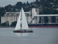 A sailboat on Puget Sound with grain elevators in the background Royalty Free Stock Photo