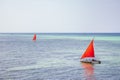 Sailboat with red sail on the sea. Reggata concept. Marine race. Yacht with red sail on tropical seascape. Summer recreation.