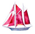 Sailboat with red sails ,watercolor illustration Royalty Free Stock Photo