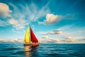 Sailboat with red and yellow sails in the sea, blue sky and cloud, gemerative AI Royalty Free Stock Photo