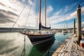 sailboat, resting on the water with sails furled, in tranquil marina Royalty Free Stock Photo