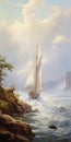 Coastline Painting Of A Boat In The Ocean - Hudson River School Style