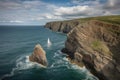 sailboat rounding the point, with dramatic cliff and ocean in the background