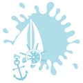 Sailboat, rudder, anchor, splash label. Isolated. Design element