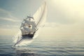 A sailboat with a sail in the form of a feather in the open sea. Space for text. Royalty Free Stock Photo